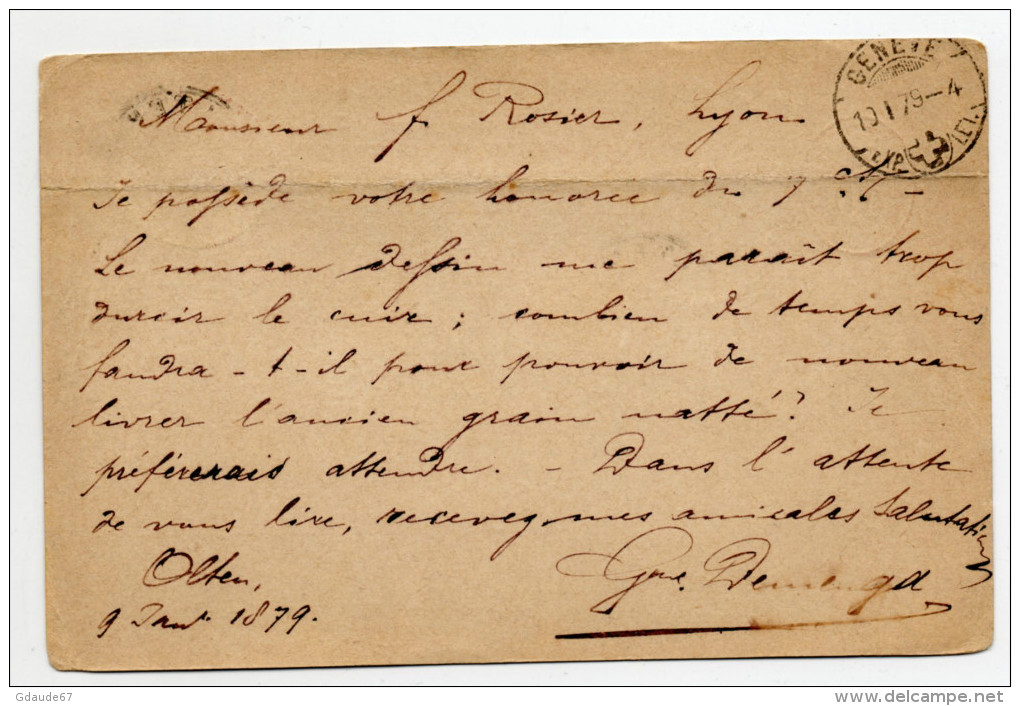 1879 - ENTIER POSTAL De OLTEN (SUISSE) Pour LYON Avec CACHET D'ENTREE ROUGE - Briefe U. Dokumente