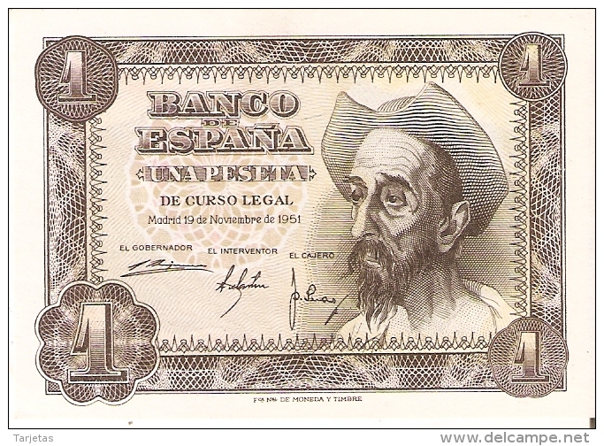 BILLETE DE ESPAÑA DE 1 PTA DEL AÑO 1951 SIN CIRCULAR EL QUIJOTE  SERIE N (UNCIRCULATED) - 1-2 Peseten