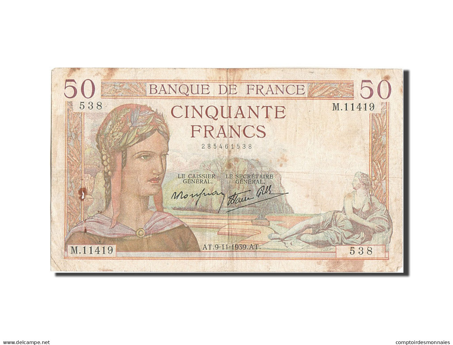Billet, France, 50 Francs, 50 F 1934-1940 ''Cérès'', 1939, 1939-11-09, TB - 50 F 1934-1940 ''Cérès''