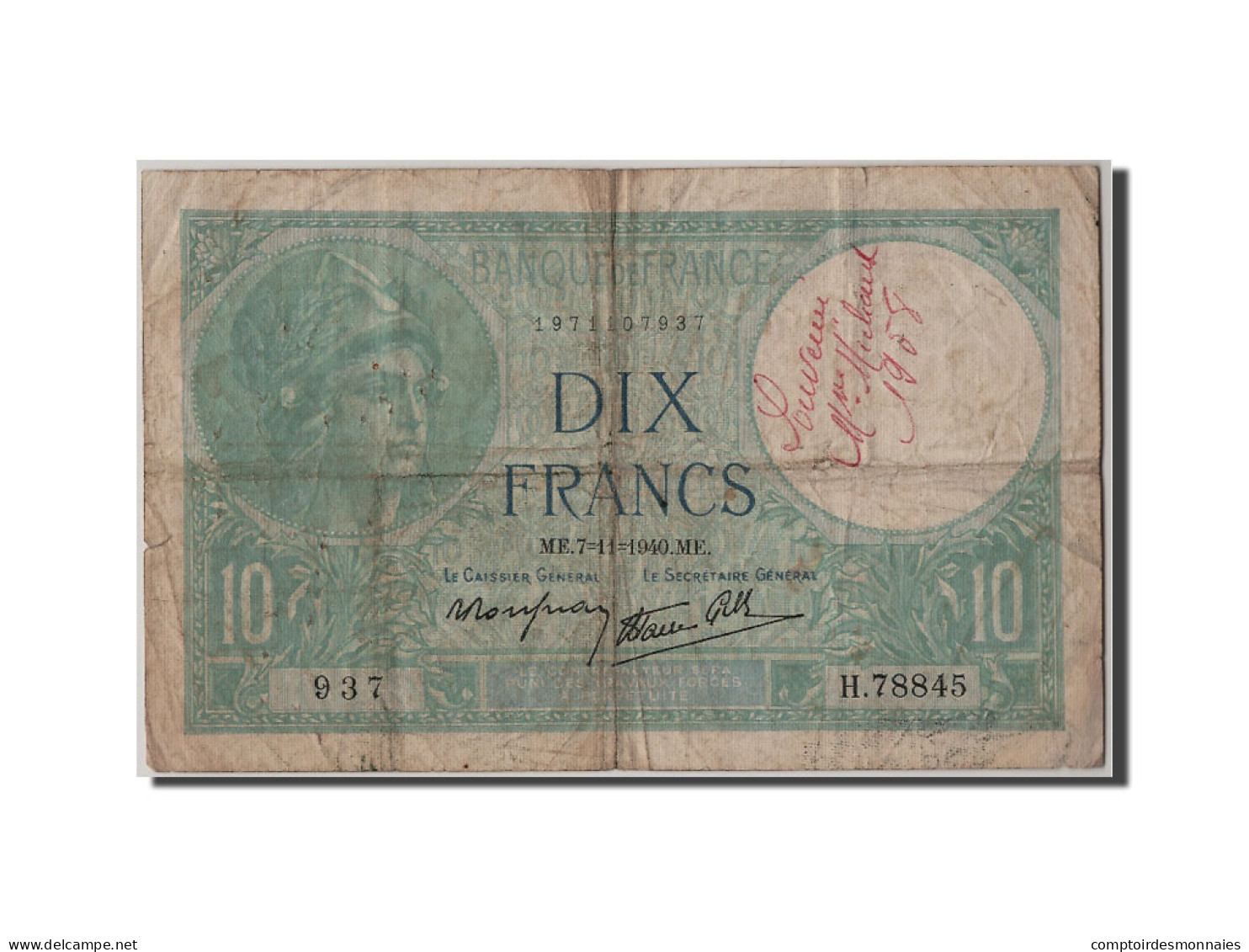 Billet, France, 10 Francs, 10 F 1916-1942 ''Minerve'', 1940, 1940-11-07, B+ - 10 F 1916-1942 ''Minerve''