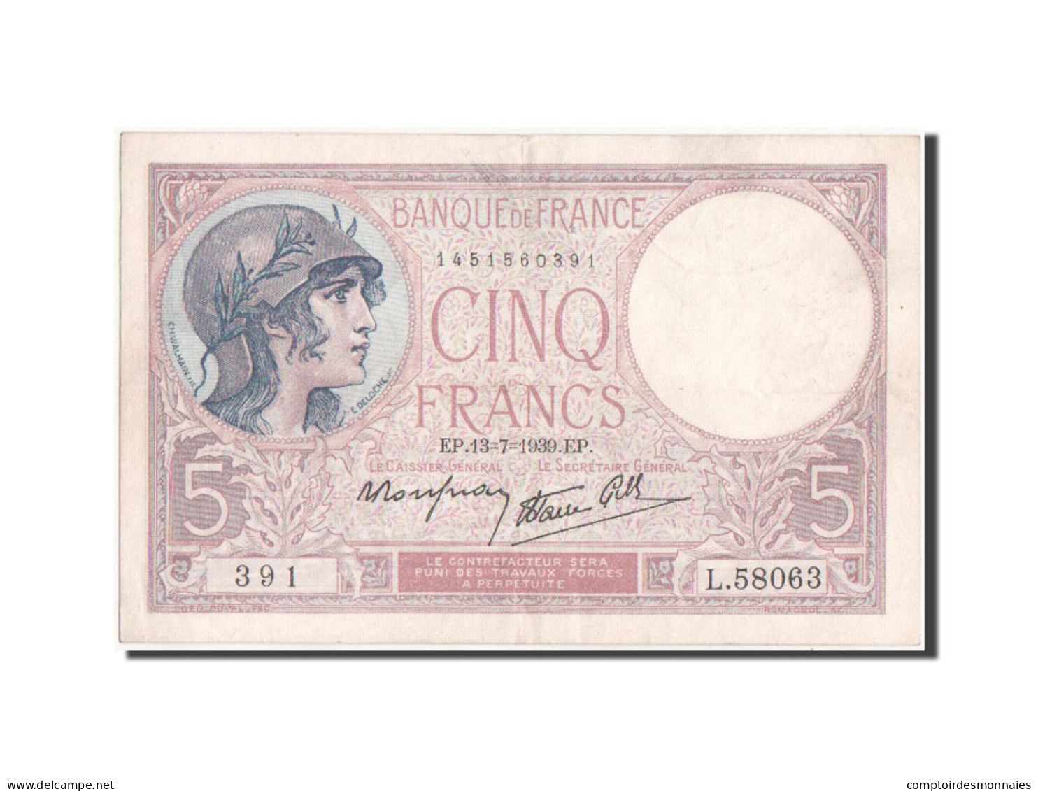 Billet, France, 5 Francs, 5 F 1917-1940 ''Violet'', 1939, TTB+, Fayette:4.1 - 5 F 1917-1940 ''Violet''