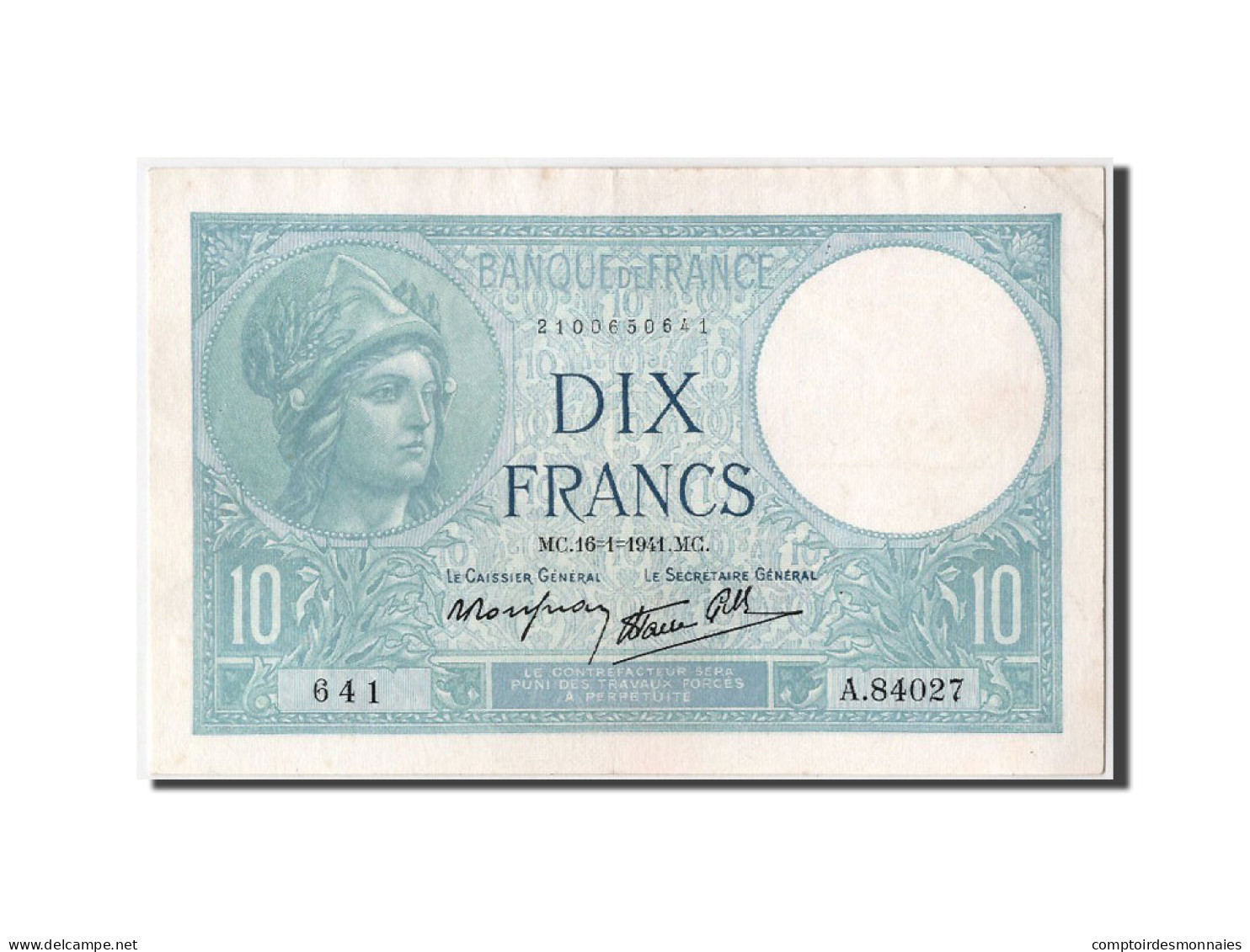 Billet, France, 10 Francs, 10 F 1916-1942 ''Minerve'', 1941, 1941-01-16, SUP - 10 F 1916-1942 ''Minerve''