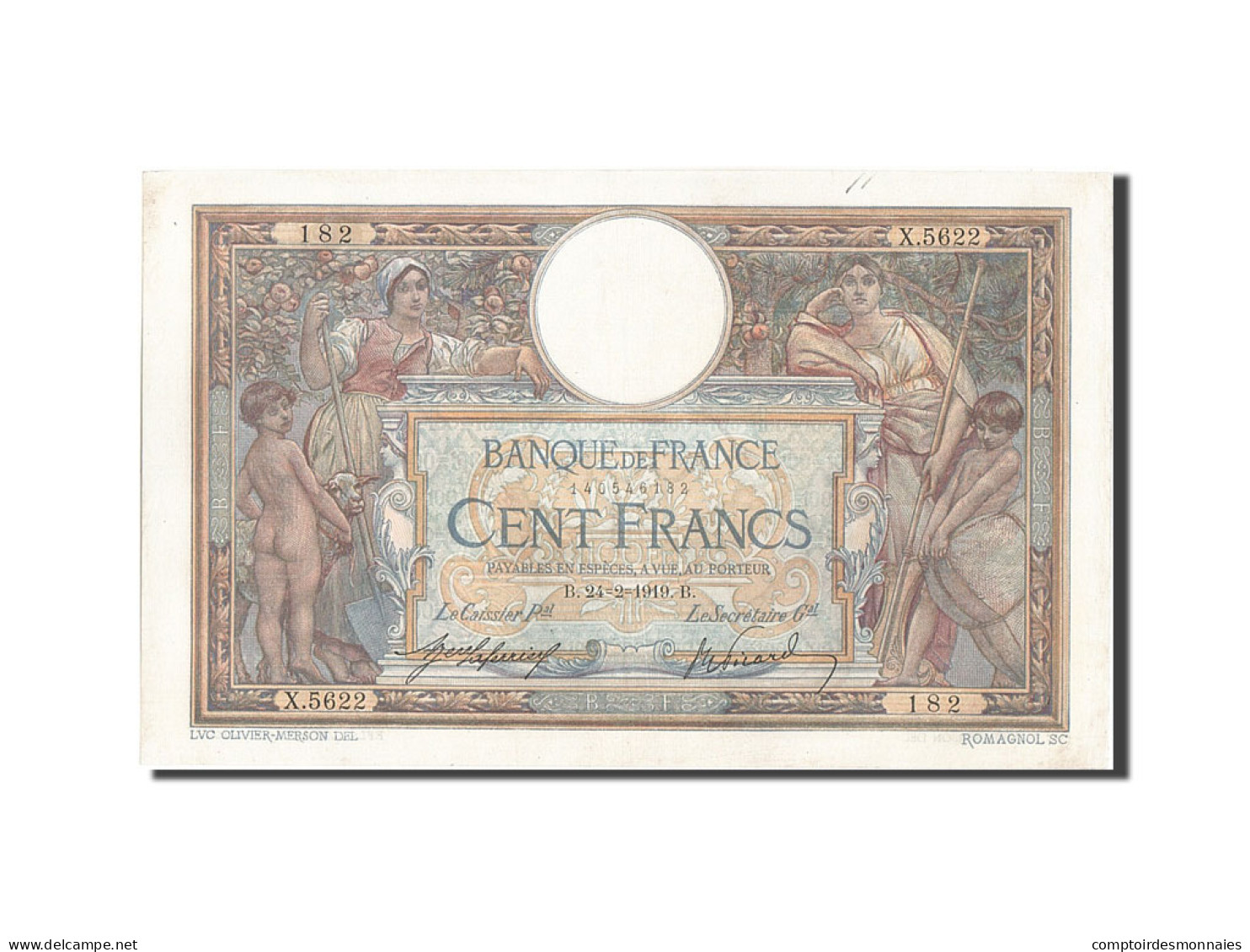 Billet, France, 100 Francs, 100 F 1908-1939 ''Luc Olivier Merson'', 1919 - 100 F 1908-1939 ''Luc Olivier Merson''