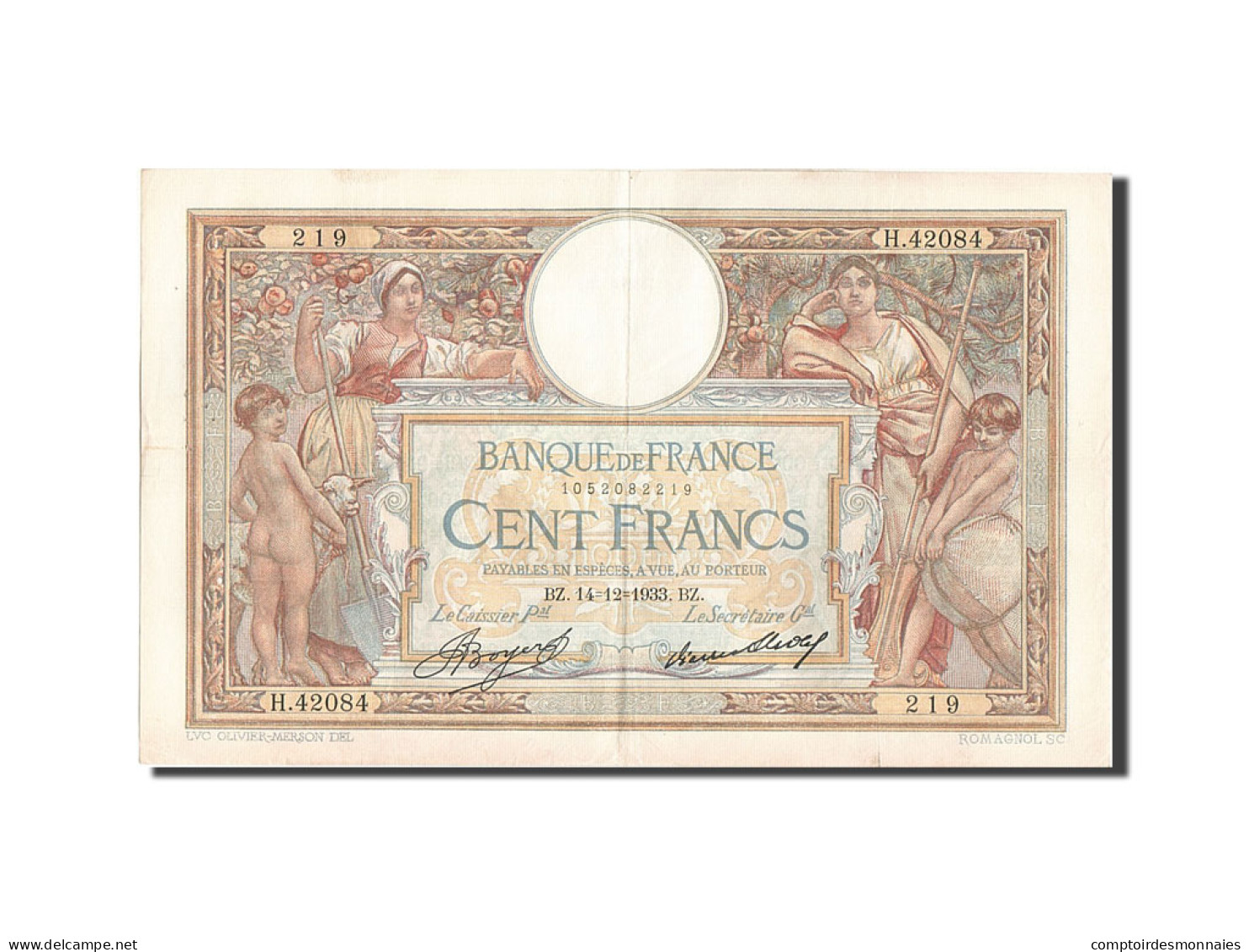 Billet, France, 100 Francs, 100 F 1908-1939 ''Luc Olivier Merson'', 1933 - 100 F 1908-1939 ''Luc Olivier Merson''