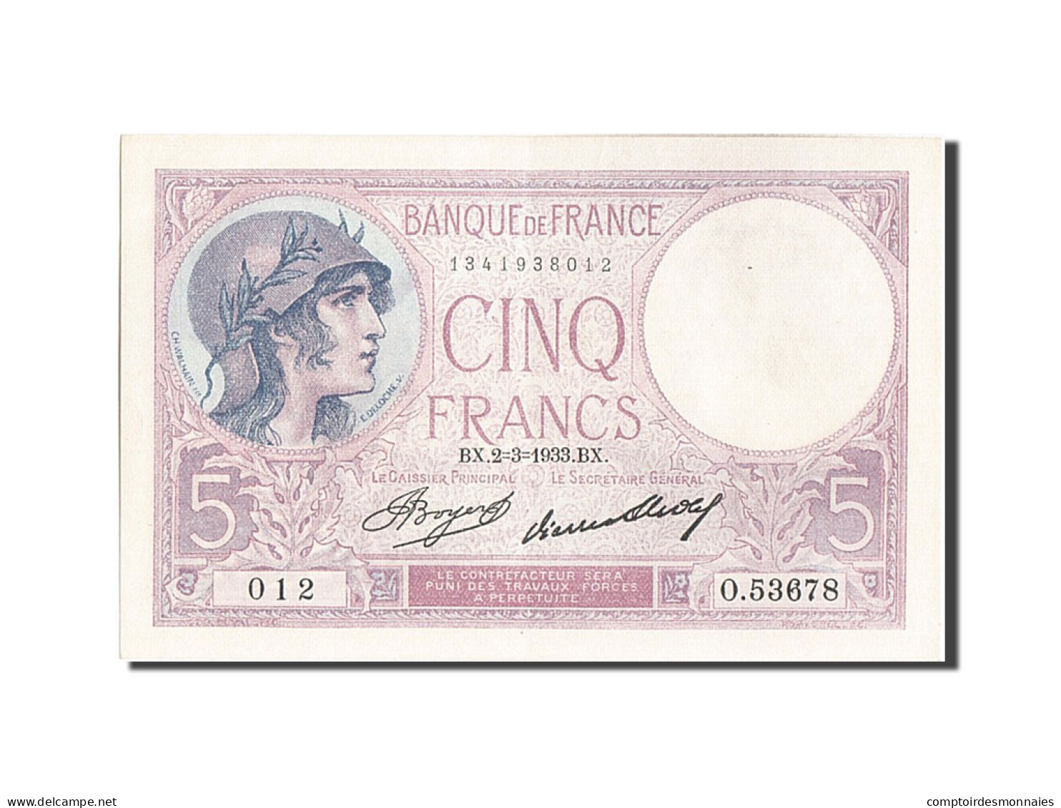 Billet, France, 5 Francs, 5 F 1917-1940 ''Violet'', 1933, 1933-03-02, SPL - 5 F 1917-1940 ''Violet''