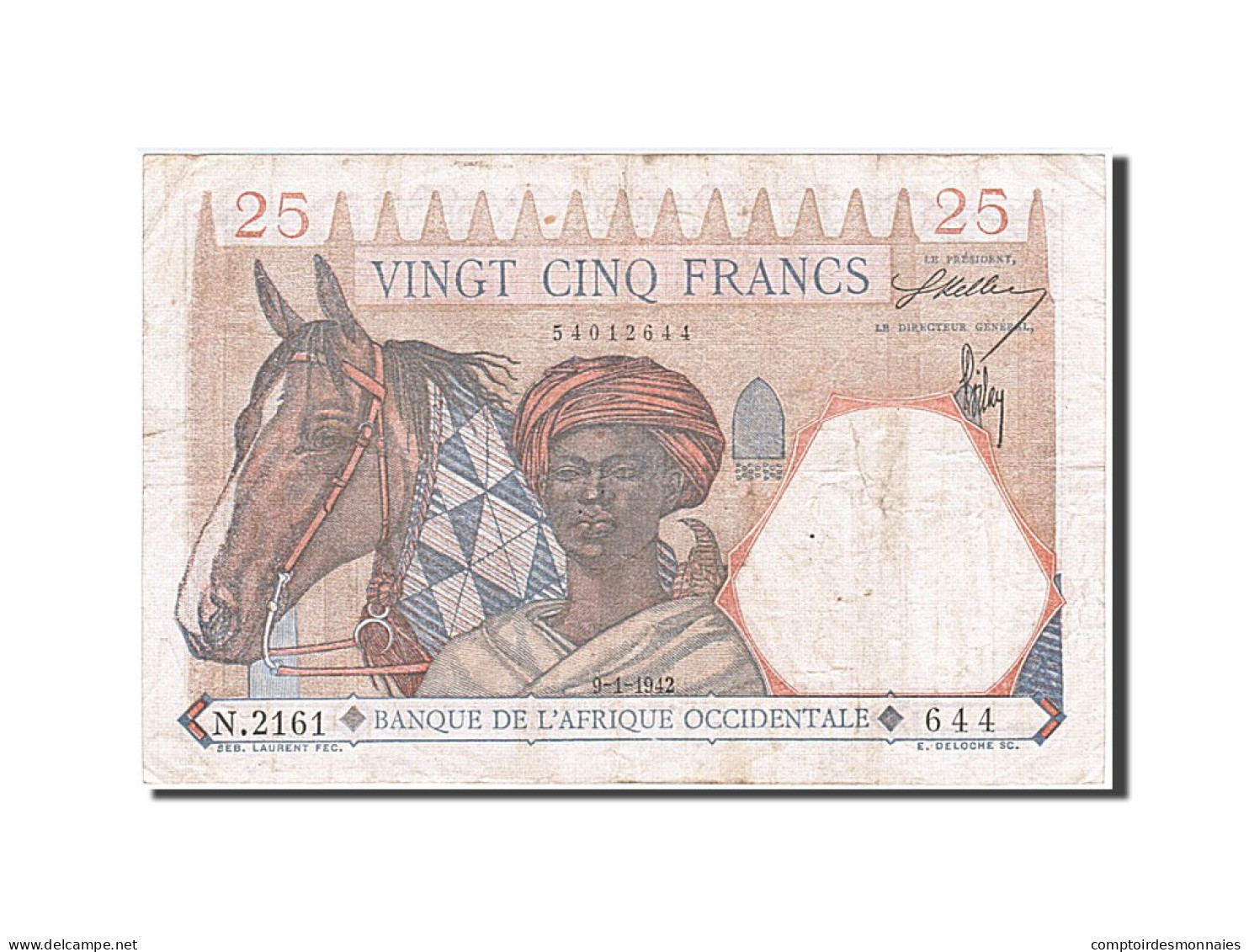 Billet, French West Africa, 25 Francs, 1942, 1942-01-09, TTB - Sonstige – Afrika