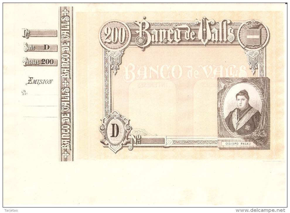 BILLETE DE PRUEBA DE 200 PTAS DEL AÑO 1911 DEL BANCO DE VALLS SIN NUMERACION Y SIN FIRMAR (BANKNOTE) - Autres & Non Classés