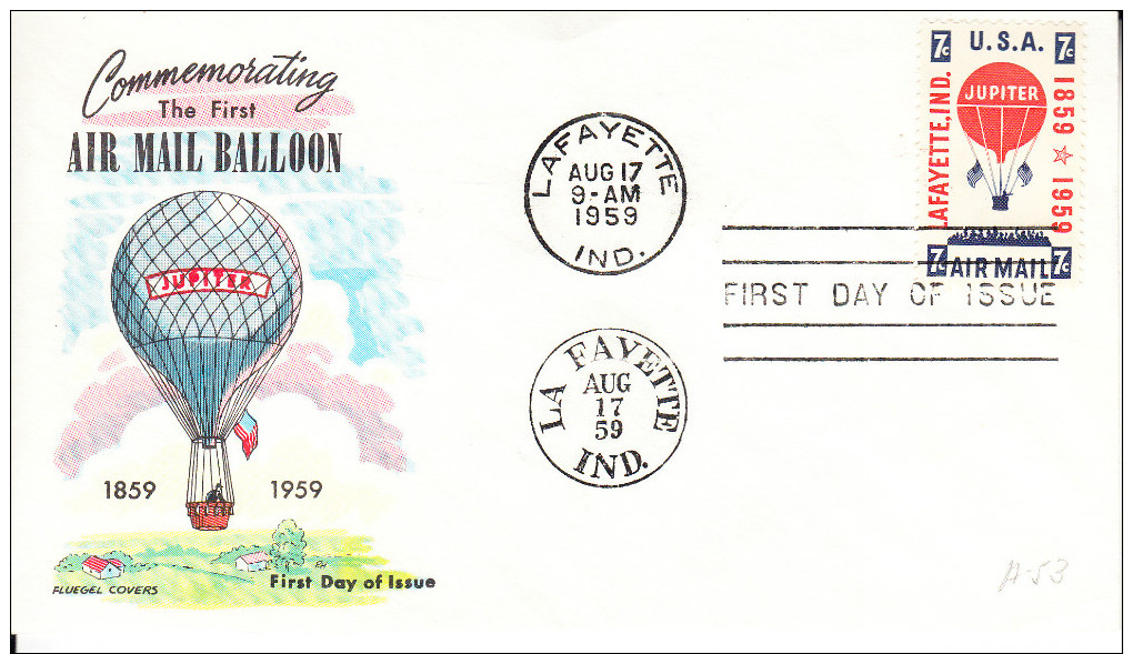 U.S.A. FDC 1959. CENTENARIO PRIMER CORREO AEREO POR GLOBO JUPITER EN INDIANA  .CN3183 - Montgolfier