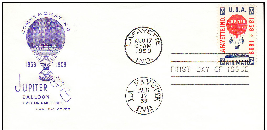 U.S.A. FDC 1959. CENTENARIO PRIMER CORREO AEREO POR GLOBO JUPITER EN INDIANA  .CN3184 - Mongolfiere