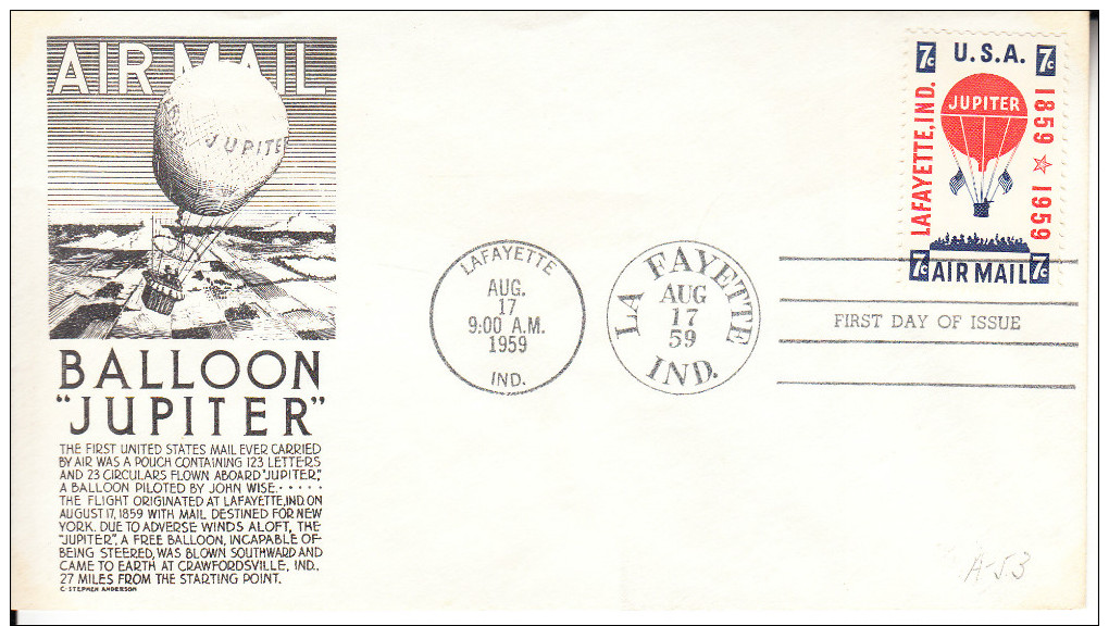 U.S.A. FDC 1959. CENTENARIO PRIMER CORREO AEREO POR GLOBO JUPITER EN INDIANA  .CN3185 - Montgolfier