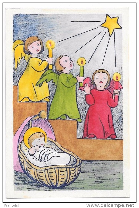 Enfant-Jésus Dans Un Berceau, étoile Et Anges. Carte à Colorier Coloriée. - Autres & Non Classés