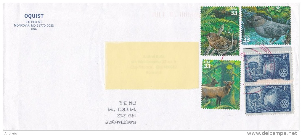 2014 United States U.S.  - Nice Cover Sent To Romania 5 Stamps American Fauna Birds Globe Stationery Entier - 2011-...