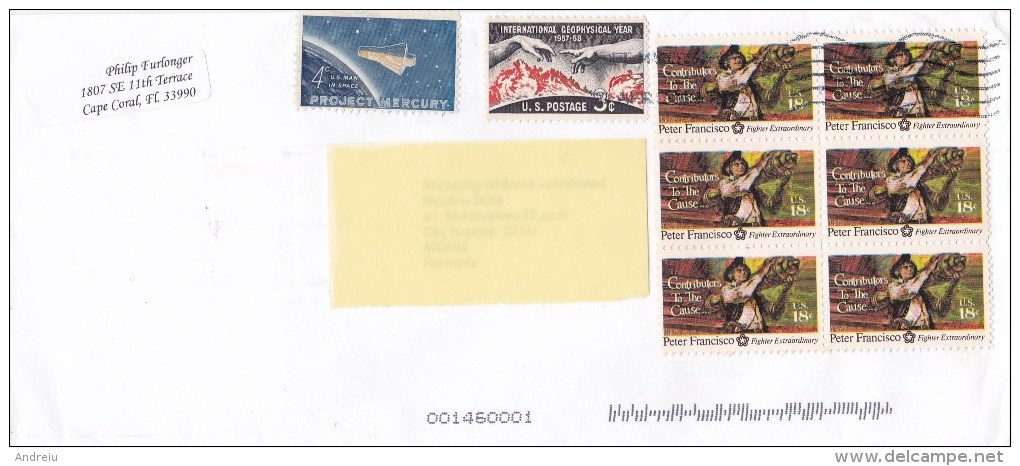2015 United States U.S. - Nice Cover Sent To Romania 8 Stamps American Fighters Cosmos Globe Stationery Entier - 2011-...