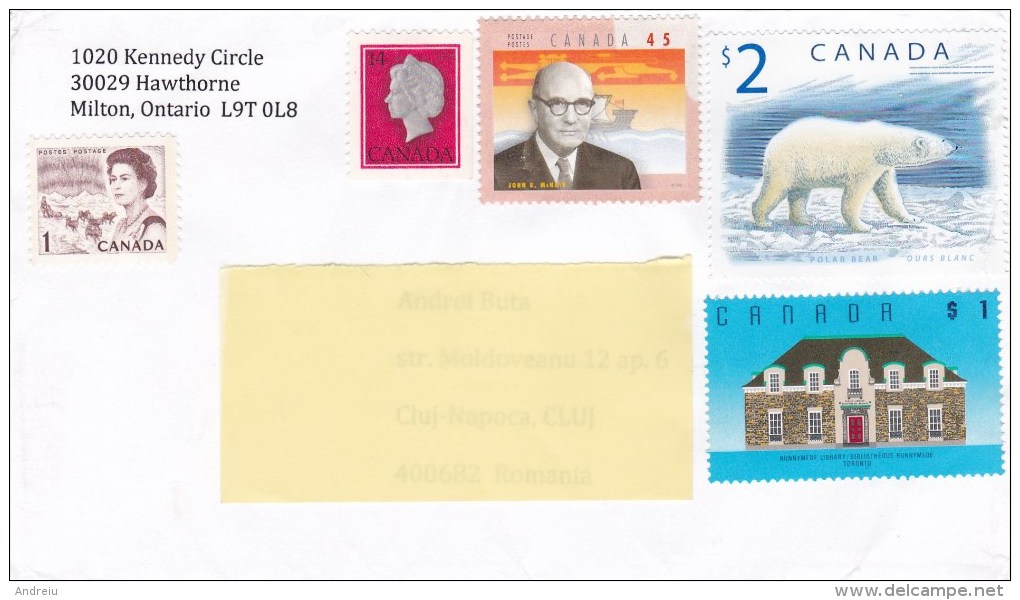 2014 Canada - Nice Cover Sent To Romania 5 Stamps Bear Building Fauna People Stationery Entier - 1953-.... Regering Van Elizabeth II