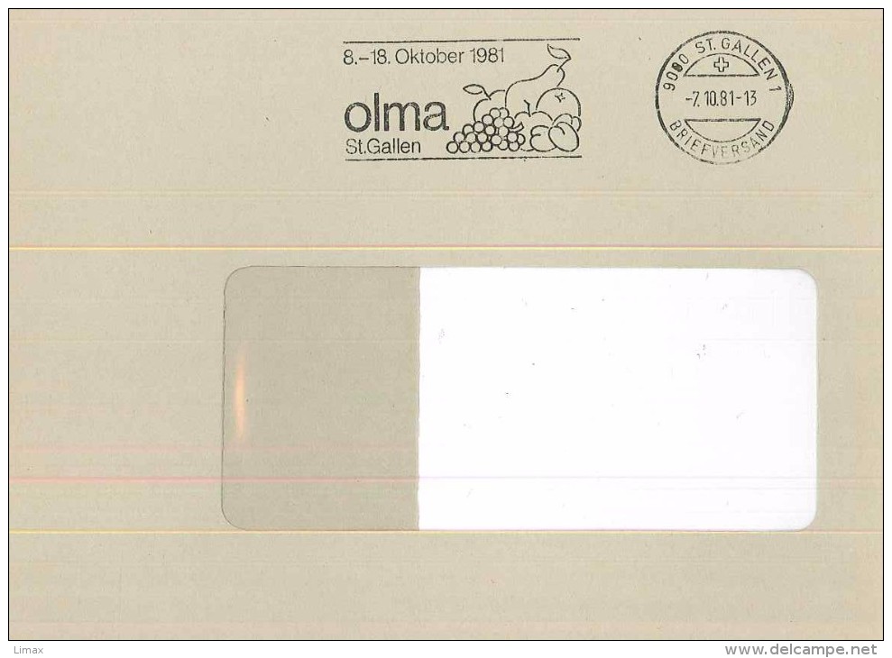 Fragment 9000 St. Gallen Olma 1981 Oktober Trauben Birne Apfel Zwetschke Freistempel - Cartas & Documentos