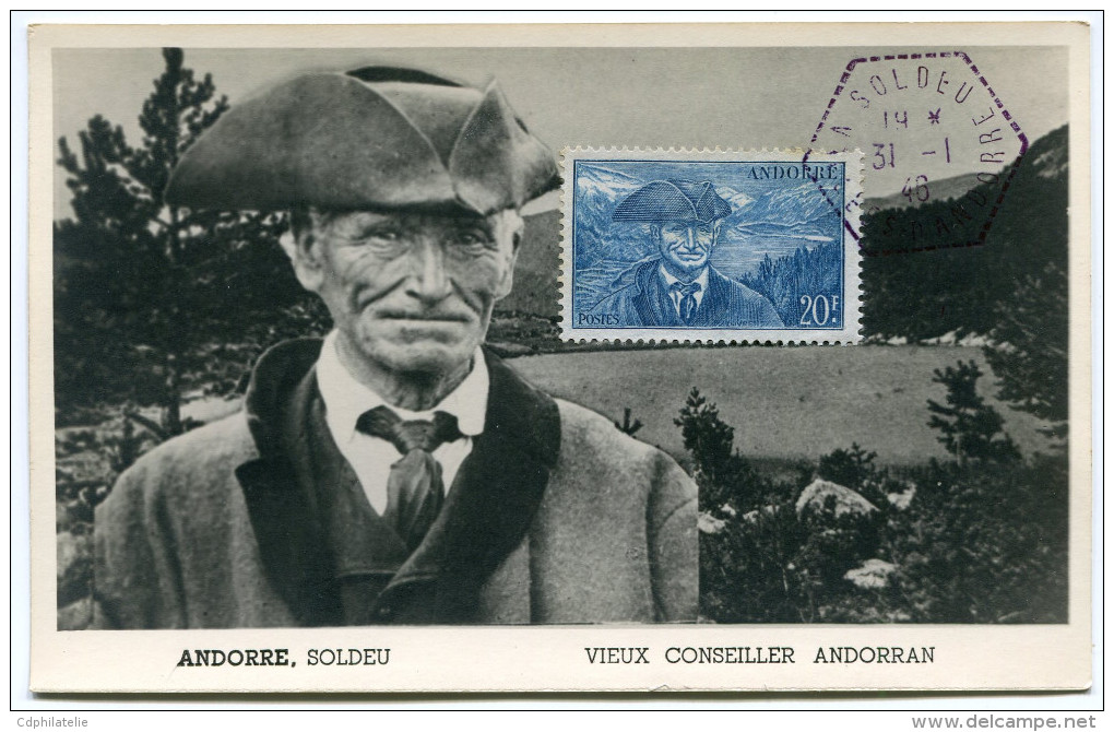 ANDORRE CARTE MAXIMUM DU N°115  20F. VIGUIER ET LE LAC DE............OBLITERATION 31-1-46 SOLDEU - Cartes-Maximum (CM)