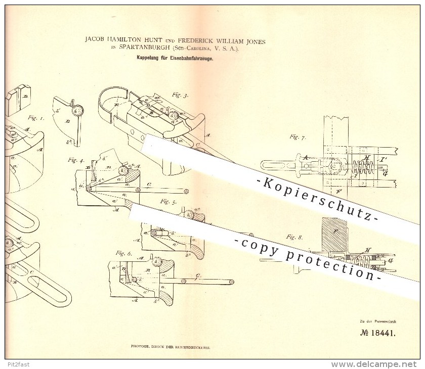 Original Patent - Jacob H. Hunt & Frederick W. Jones In Spartanburg , 1881 , Kupplung Für Eisenbahnfahrzeuge !!! - Spartanburg