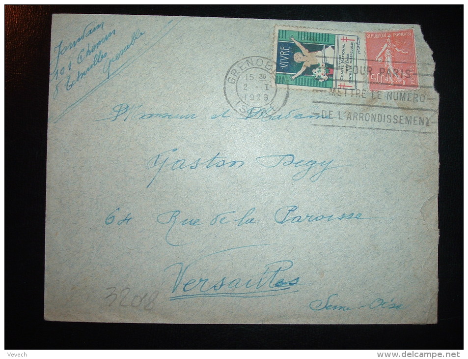 LETTRE TP SEMEUSE 50C + VIGNETTE CONTRE LA TUBERCULOSE 1928-1929 OBL.MEC.2 I 1929 GRENOBLE ISERE (38) - Covers & Documents