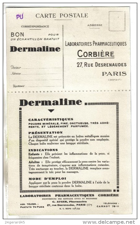 CPSM IMPRIME PUBLICITE PHARMACEUTIQUE - Poudre Dermaline Corbière Labo. Corbière 27 R. Desrenaudes PARIS 17° - Publicité