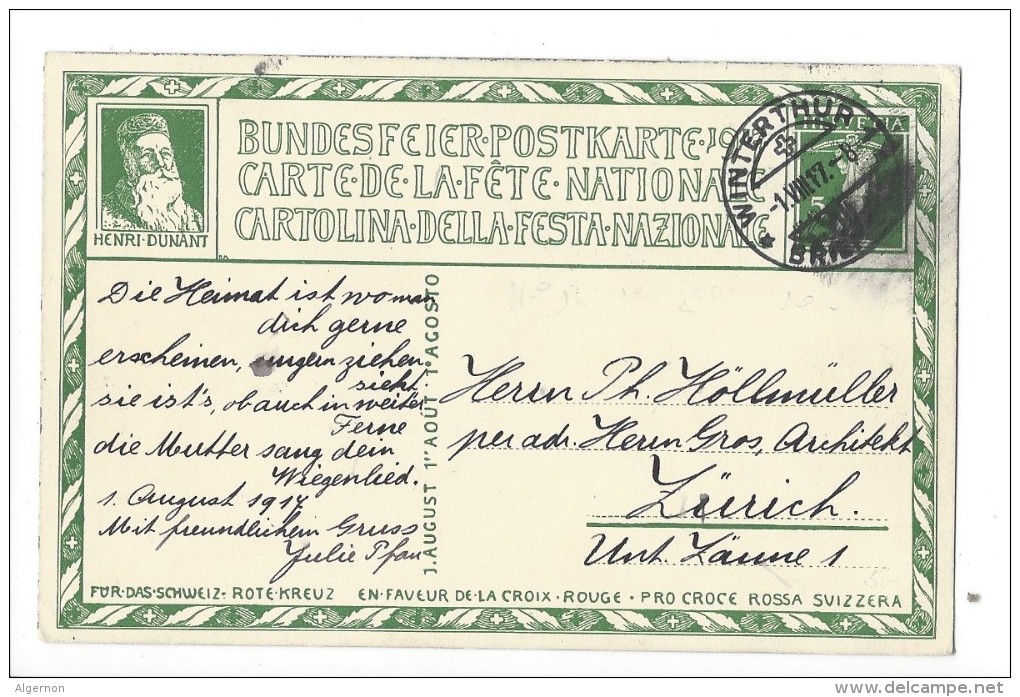 N32 -  Carte N°16 Fête Nationale Bundesfeier 1917 1er Jour Winterthur Pour Zürich Henri Dunant - Entiers Postaux