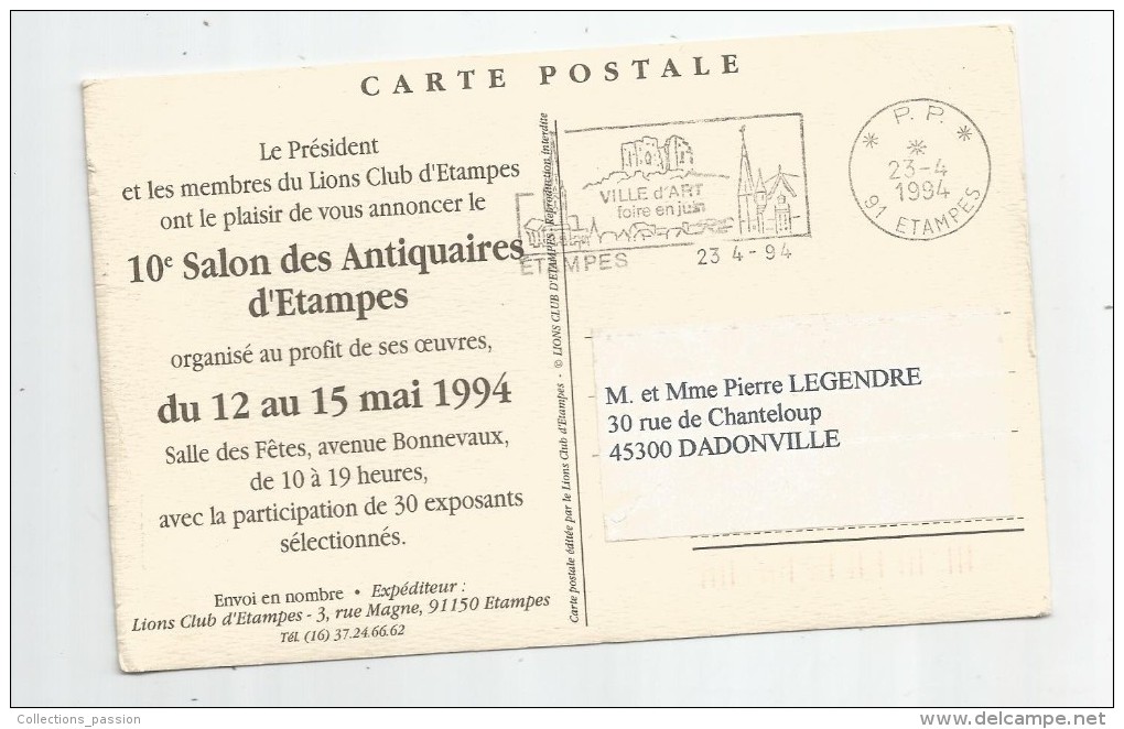 Cp , Bourses & Salons De Collections , 10 E Salon Des Antiquaires D'ETAMPES , 1994 , 2 Scans - Borse E Saloni Del Collezionismo