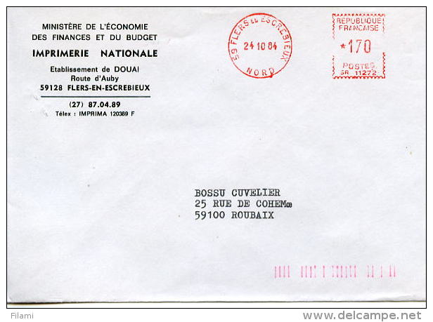 EMA Sur Enveloppe Entete Imprimerie Nationale,59 Douai,Flers-en-Escrebieux,Nord,lettre Obliterée 24.10.84 Flers En Escre - Hologrammes