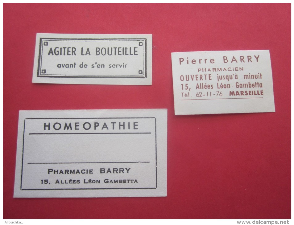 3 étiquettes De Parmacien Pharmacie Pierre BARRY Bd Gambetta MARSEILLE Homeopatie érinnophilie FARMÁCIA  Publicitaire - Etiquettes