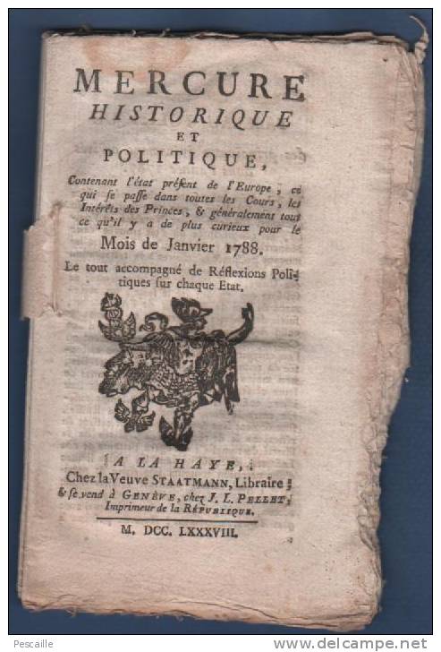 MERCURE HISTORIQUE ET POLITIQUE 01 1788 - TURQUIE RUSSIE HONGRIE POLOGNE TUNIS CLUNY ASSEMBLEES PROVINCIALES ROUEN - Zeitungen - Vor 1800