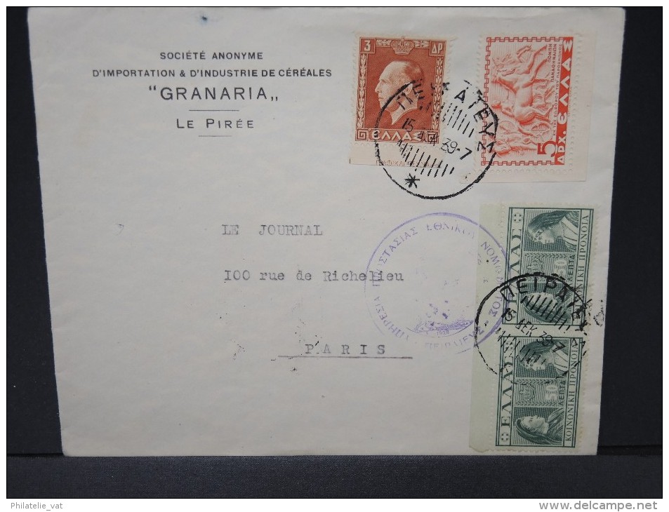 GRECE - ENVELOPPE  POUR LA FRANCE 1939  AFF PLAISANT     A VOIR  LOT P3668 - Cartas & Documentos