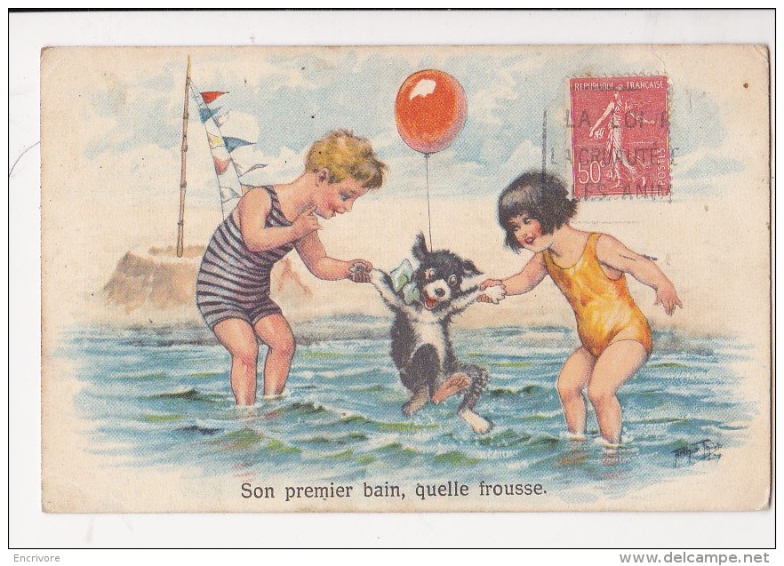 Cpa ARTHUR THIELE Enfants Fillettes à La Plage Et Chien Frousse Premier Bain De Mer   L&P 1906 - Thiele, Arthur