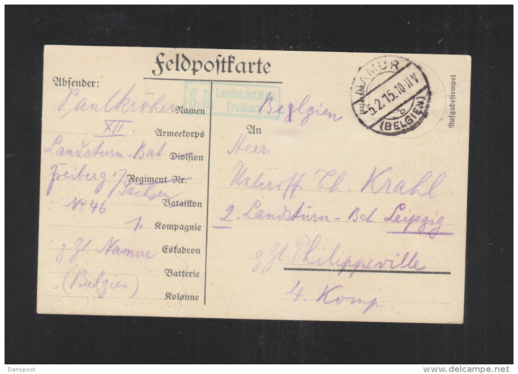 Feldpostkarte 1915 Namur Nach Philippeville - Deutsche Armee