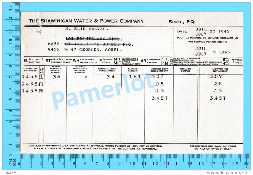 Facture ( Electricité The Shawinigan Water &amp; Power Co., Juge Elie Salvas Sorel 1945 P. Quebec ) - Canada