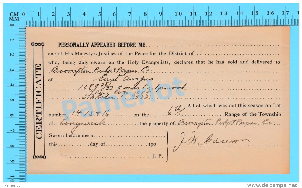 Afidavit Certificat Cir 1911, Blank " Lingwick"  Brompton Pulp &amp; Paper East Angus P. Quebec ) - Canada