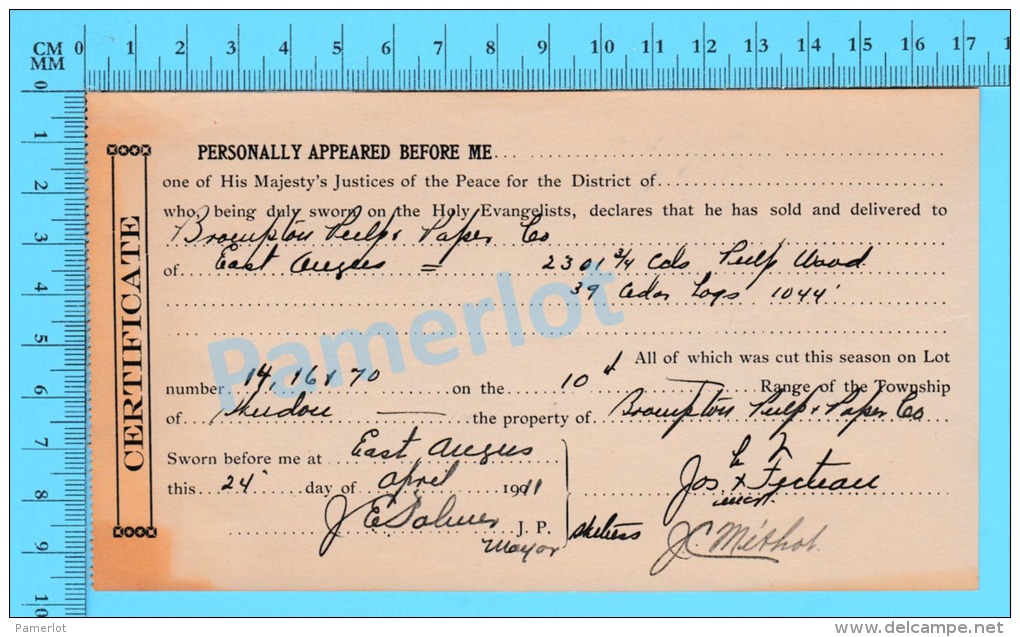 Afidavit Certificat  1911, Vente De Bois Par Jos Fecteau Weedon à  Brompton Pulp &amp; Paper East Angus P. Quebec ) - Canada