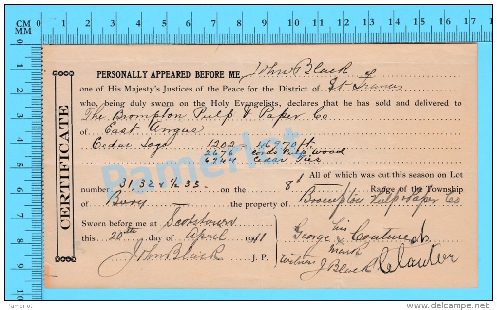 Afidavit Certificat  1911, Vente De Bois Par George L Couture Bury à  Brompton Pulp &amp; Paper East Angus P. Quebec ) - Canada