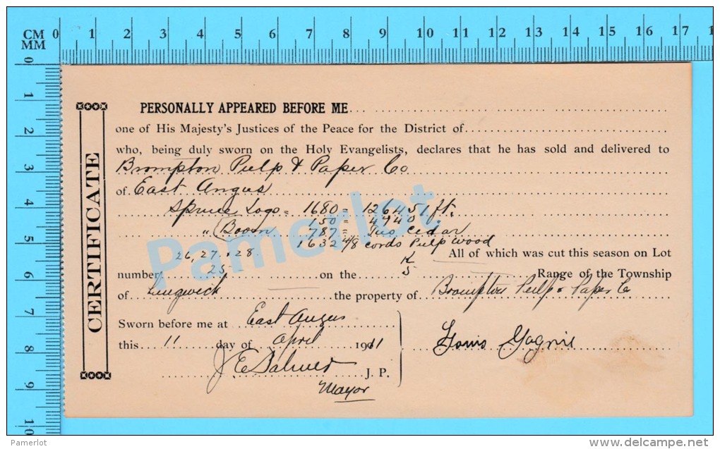 Afidavit Certificat 1911, Vente De Bois Par Louis Gagné Lingwick à  Brompton Pulp &amp; Paper East Angus P. Quebec ) - Canadá