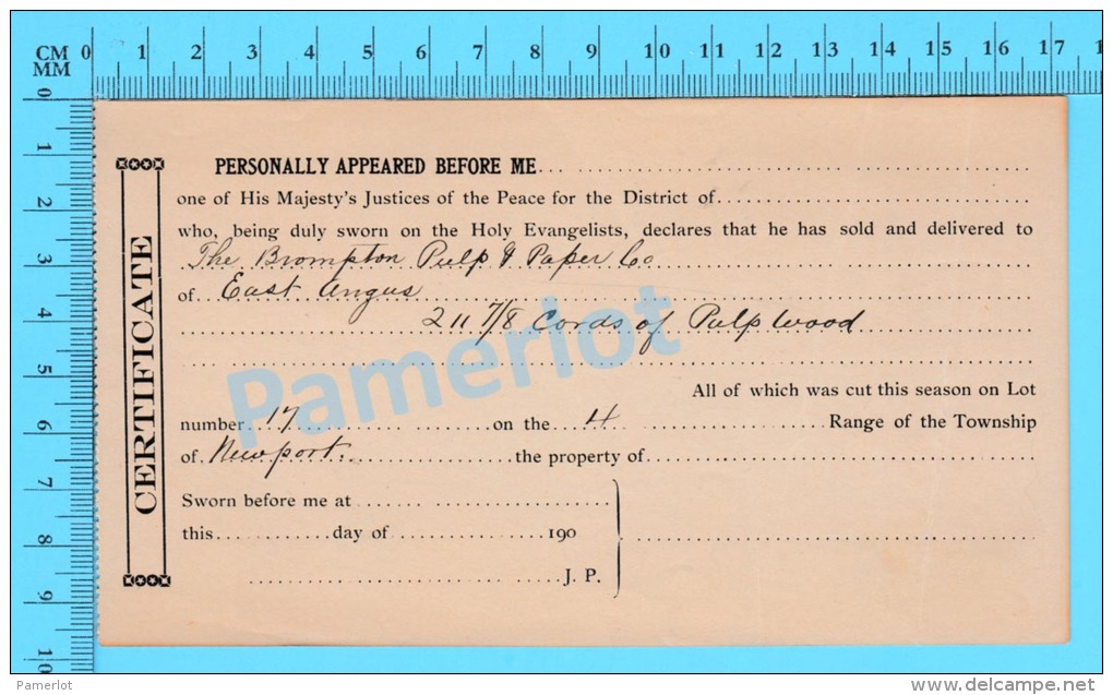 Afidavit Certificat 1911, Vente De Bois Par Blanck à  Brompton Pulp &amp; Paper East Angus P. Quebec ) - Kanada