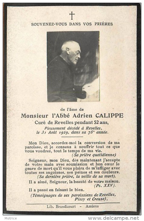 GENEALOGIE SOUVENIR MORTUAIRE FAIRE PARTS DE DECES: Mr L´Abbé Adrien Calippe Curé De Revelles. - Avvisi Di Necrologio