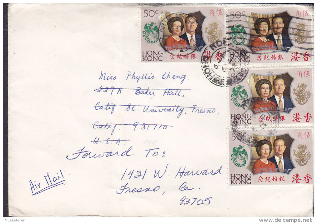 Hong Kong Airmail HONG KONG 1973 Cover Brief To FRESNO United States 4x 50c. Silver Wedding Stamps - Storia Postale