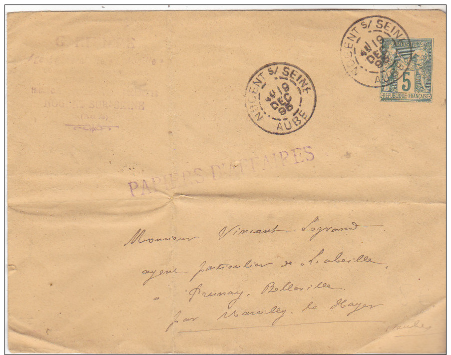 1895- 10 Nogent Sur Seine- Enveloppe Entier Postal 5 Centimes Vert Sage Ref Yvert 75 E4. Complete.Bon état. - Enveloppes Types Et TSC (avant 1995)