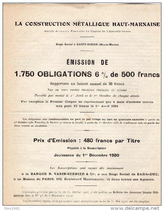 VP1485 - Lettre - Notice De La Société De Construction Métallique Haut - Marnaise à SAINT - DIZIER & PARIS - Autres & Non Classés