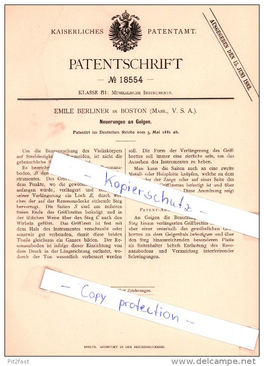 Original Patent - Emile Berliner In Boston , Mass., USA , 1881 , Neuerungen An Geigen , Geige , Violine !!! - Muziekinstrumenten