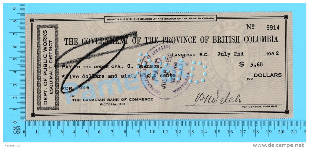 BC Canada Esquimalt (Government Check Wage Stampless, Cover Sooke Bc, Dept Of Public Works For $5.68 In 1932 Recto/Verso - Cheques & Traveler's Cheques