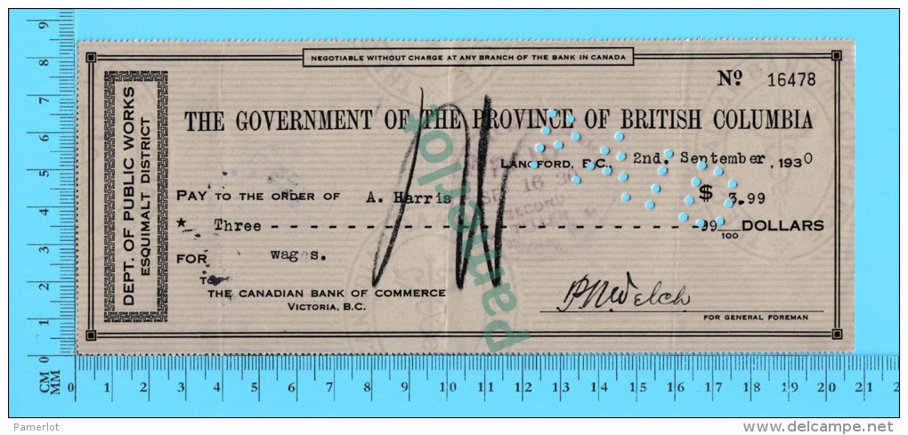 BC Canada Esquimalt  (Government Check Wage ,postmark Sooke BC,Dept Of Public Works For $5.68 In 1932 Recto/Verso - Chèques & Chèques De Voyage