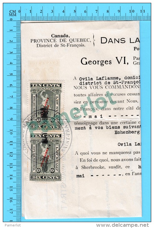 Timbre Taxe Sur Document 1937 ( Law Stamp QL #73, #73 Sur Supoena, Sherbrooke P. Quebec ) - Fiscaux