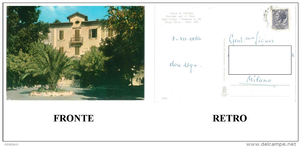 CARTOLINA COLORI LAZIO FIUGGI FONTE – VILLA S. CHIARA – PENSIONE PER IL CLERO  VIAGGIATA 1964 VERSO MILANO – INDIRIZZO O - Altri & Non Classificati