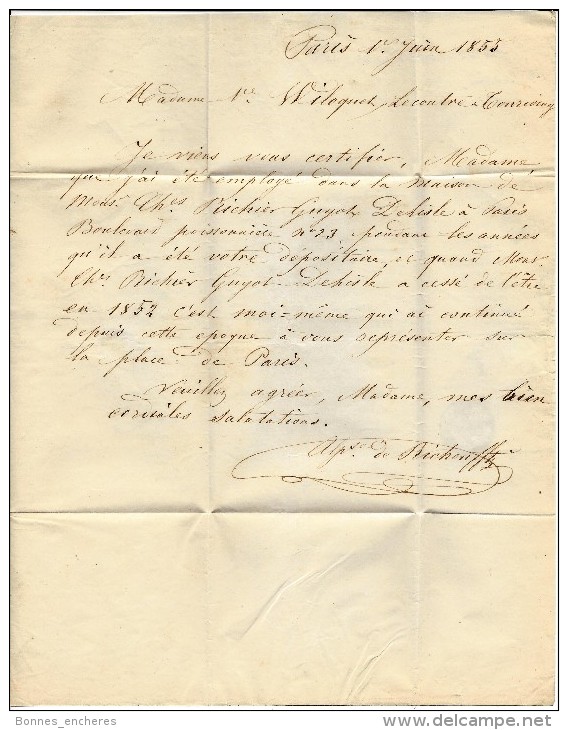 LETTRE ALPHONSE DE RICHOUFFTZ PARIS 1855 à WILOQUET LECOUTRE FILATURES TOURCOING B.R.V.SCANS - 1800 – 1899