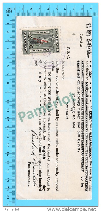 Timbre Taxe Sur Document 1937 ( Law Stamp QL #73,  Sur Supoena, Sherbrooke P. Quebec ) - Fiscaux