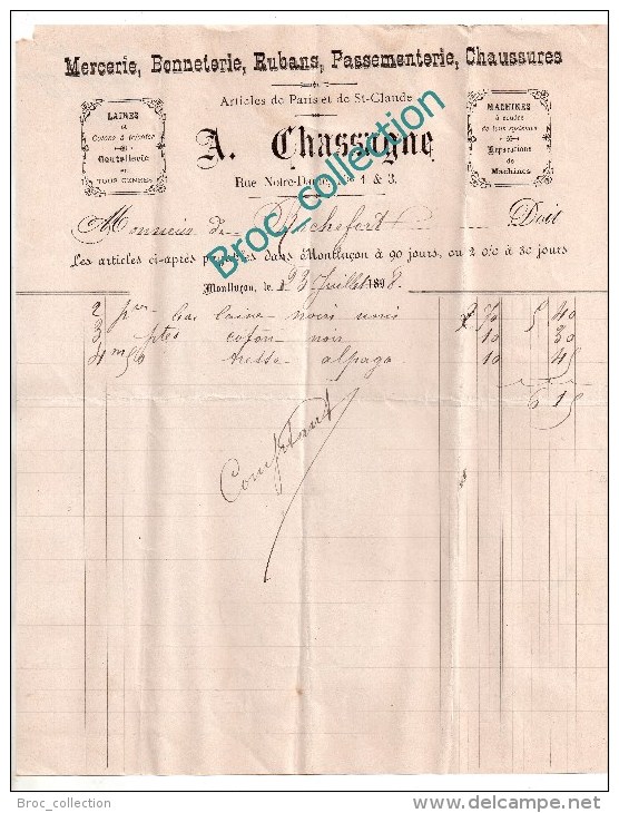 A. Chassagne, Mercerie, Bonneterie, Rubans, Chaussures, Montluçon, Rue Notre-Dame, Facture 1898 - 1800 – 1899