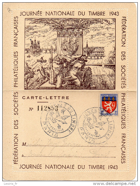 CARTE LETTRE - JOURNEE NATIONALE DU TIMBRE 1943 - PARIS - N°112853 - FEDERATION DES SOCIETES PHILATELIQUES FRANCAISES - - Cartas & Documentos